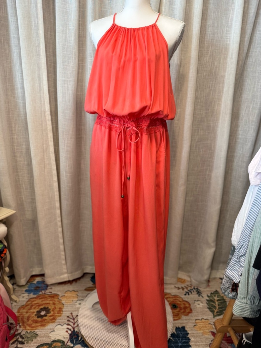 NWT-Toxik3  Coral Halter Jumpsuit 1X Wide Leg Lace Waist Pockets